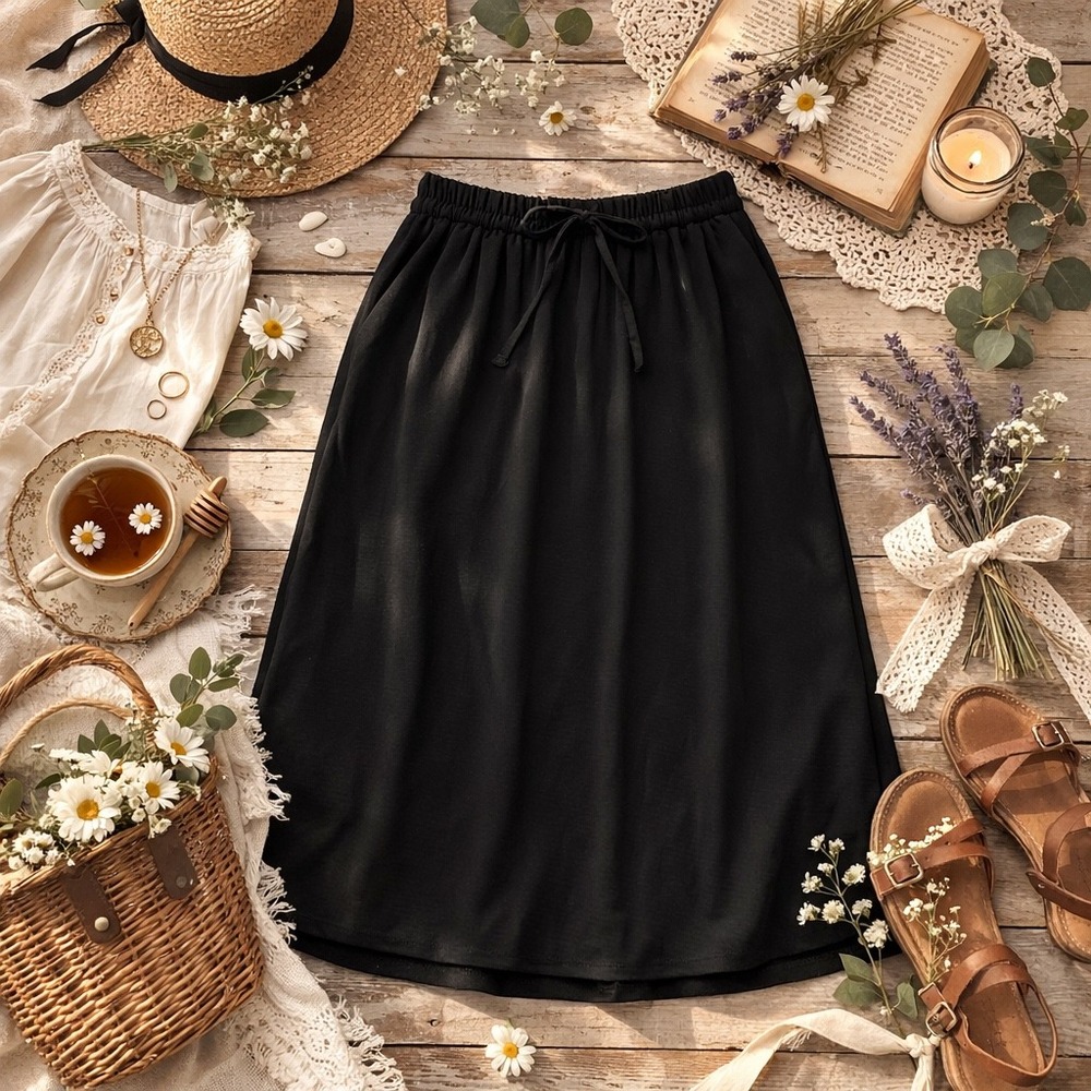 Faded Glory Black Midi Skirt Small 4-6 Elastic Drawstring Waist Cottagecore Girl